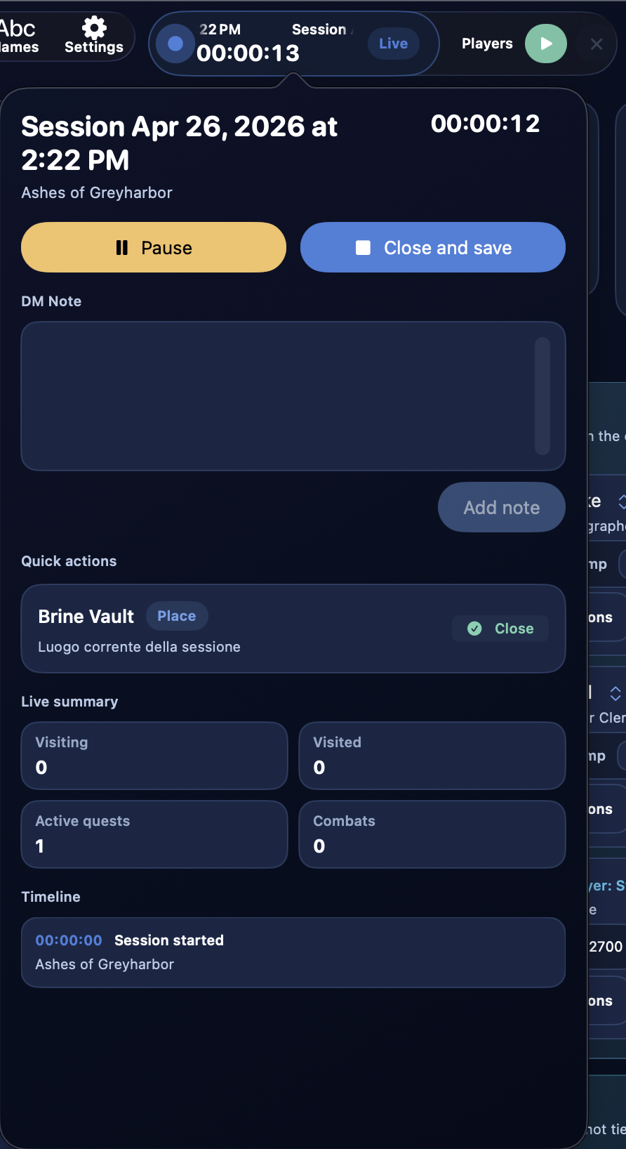 Active live session in the top bar
